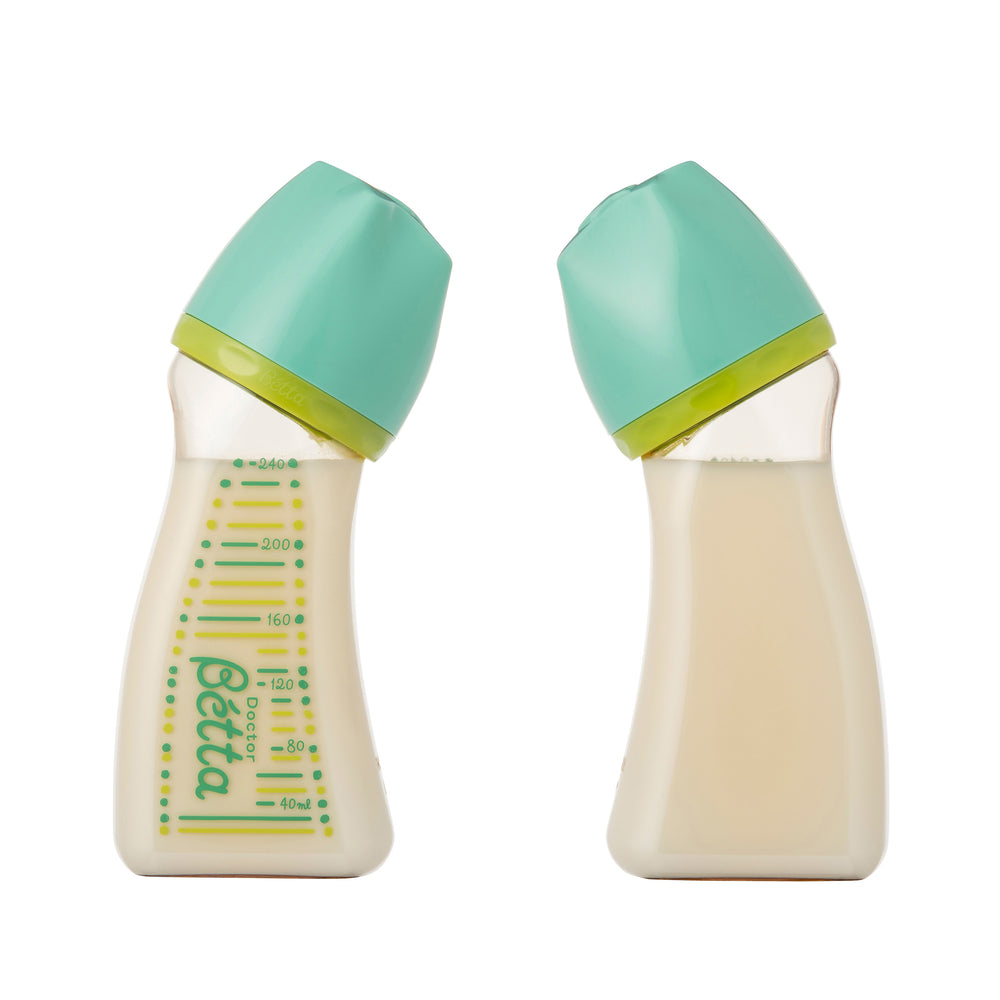 ドクターベッタ 広口哺乳びん 緑色 前面と背面のイメージ写真